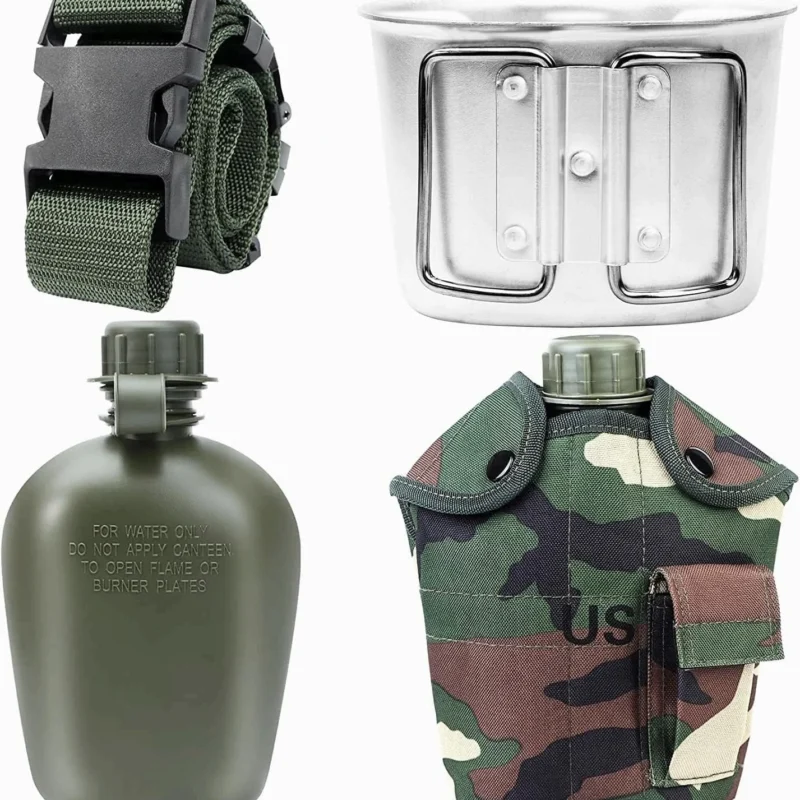 1 Quart Canteen Kit Portable Canteen Hydration Canteens Water Bottle with Reinforced Nylon Bottle Pouch Cover Bag,Aluminum Cup and Waist Belt for Backpacking Hiking Camping Climbing Outdoor Activities