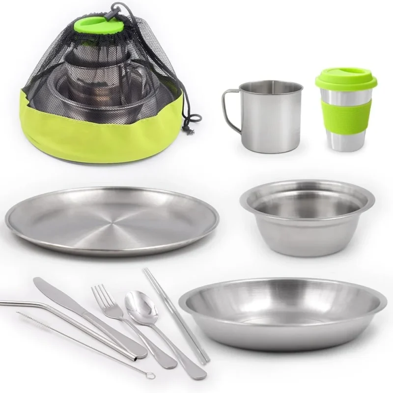 10-Piece Camping Mess Kit, Stainless Steel Camping Dishes Set Dinnerware for 1-2 Person Utensils Tableware with Cups, Plates, Bowl, Cutlery, Mesh Bag for Backpacking Hiking Picnic RV Travel