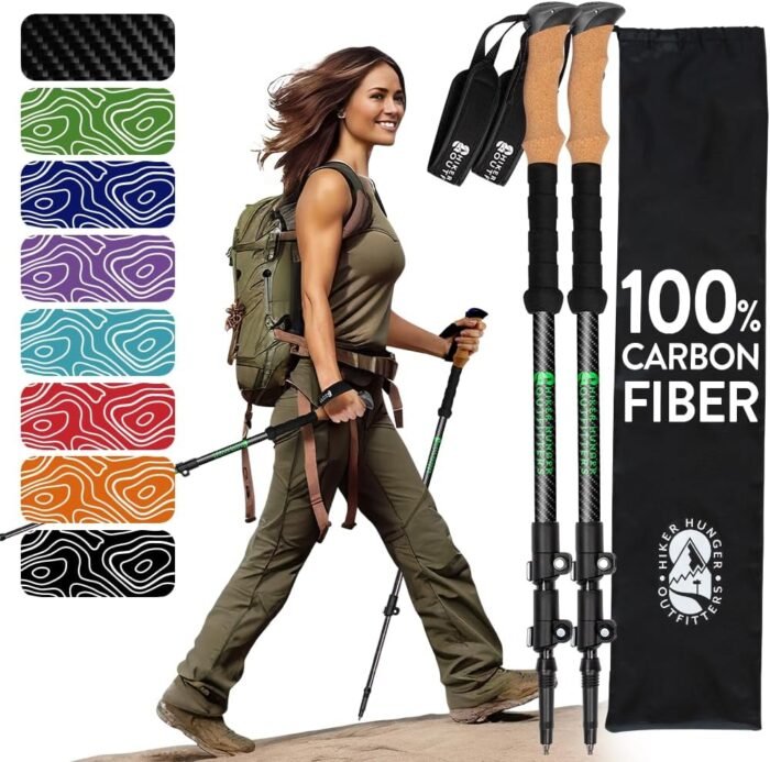 100% Carbon Fiber Trekking Poles by USA Brand - Ultra Strong Lightweight Collapsible Hiking Poles with Cork and EVA Foam Grips & Quick Adjustable Flip Locks