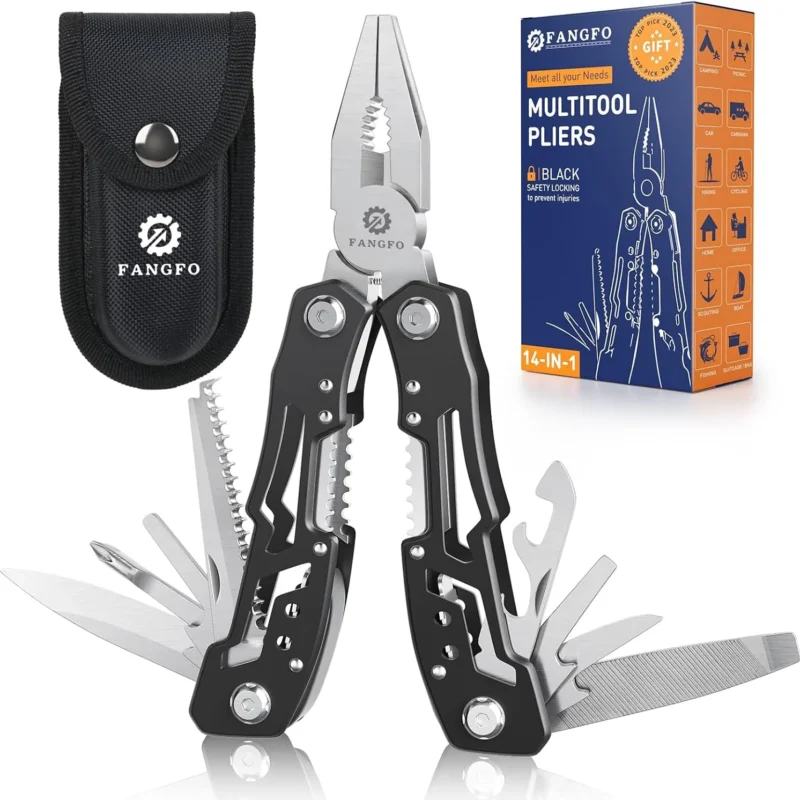 14-In-1 Multitool with Safety Locking, Professional Stainless Steel Multitool Pliers Pocket Knife, Bottle Opener, Screwdriver with Nylon Sheath ,Apply to Survival,Camping, Hunting and Hiking