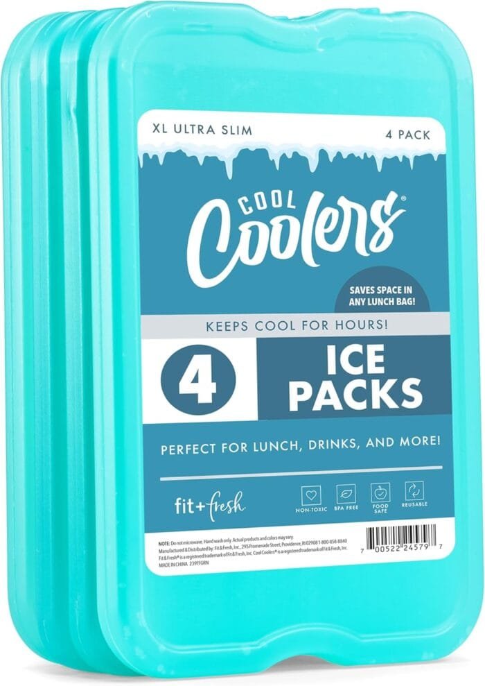 Cool Coolers by Fit & Fresh 4 Pack XL Slim Ice Packs, Quick Freeze Space Saving Reusable Ice Packs for Lunch Boxes or Coolers, Green