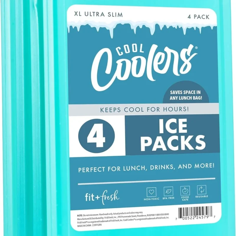 Cool Coolers by Fit & Fresh 4 Pack XL Slim Ice Packs, Quick Freeze Space Saving Reusable Ice Packs for Lunch Boxes or Coolers, Green