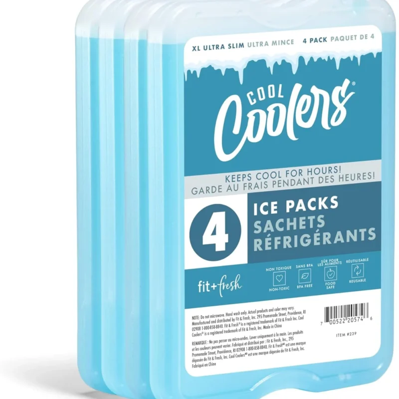 Cool Coolers by Fit & Fresh 4 Pack XL Slim Ice Packs, Quick Freeze Space Saving Reusable Ice Packs for Lunch Boxes or Coolers, Blue, 239ICE, 4 count (Pack of 1)