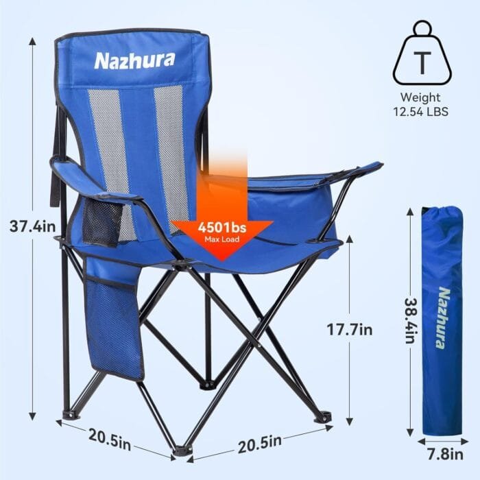 Nazhura 2 Pack Outdoor Camping Chairs Folding/Foldable/Portable with Cooler Pouch, Mesh Backrest and Cup Holder Pocket (Blue, 2 Pack) - Image 3