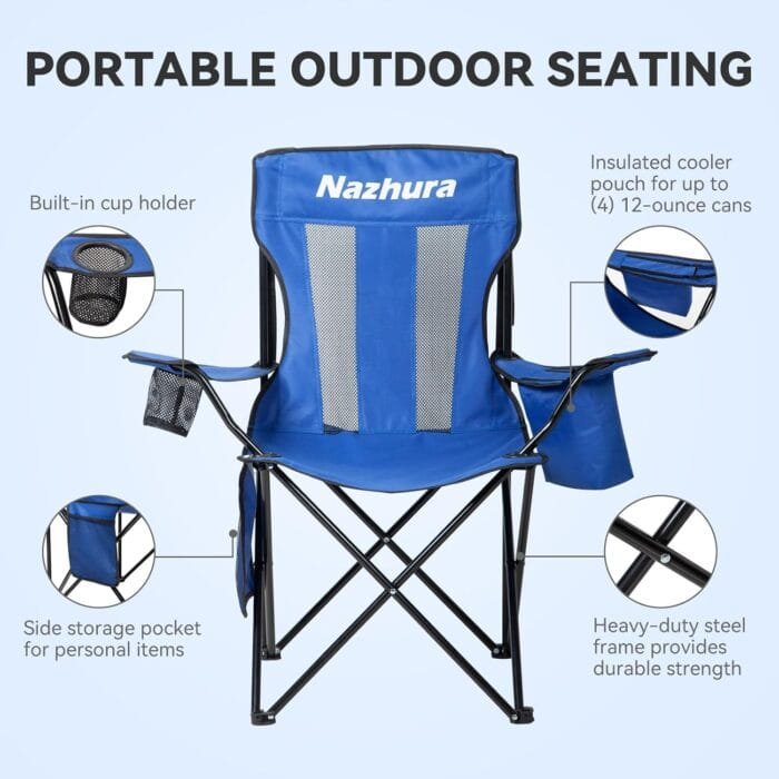 Nazhura 2 Pack Outdoor Camping Chairs Folding/Foldable/Portable with Cooler Pouch, Mesh Backrest and Cup Holder Pocket (Blue, 2 Pack) - Image 4