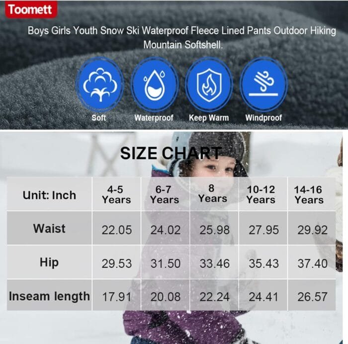 Toomett Boys snow cargo pants, Girls Kids Outdoor Fleece-Lined Soft Shell Hiking Fishing ski Insulated Pants - Image 8