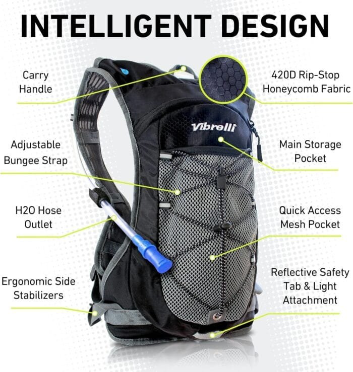 Vibrelli Hydration Pack & 2L Hydration Water Bladder - High Flow Bite Valve - Hydration Backpack with Storage - Lightweight Running Backpack, Cycling, Hiking, Ski for Men, Women & Kids - Image 5