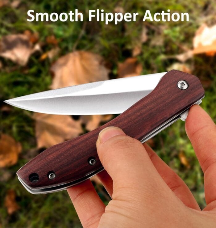 Benkey Folding Pocket Knife, Sharp and Solid D2 Blade Wood Handle, Flipper Camping Folding Knife with Liner Lock Good for EDC Outdoor Survival Camping Collection - Image 3