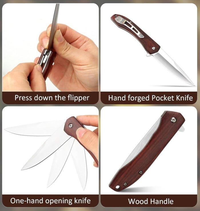 Benkey Folding Pocket Knife, Sharp and Solid D2 Blade Wood Handle, Flipper Camping Folding Knife with Liner Lock Good for EDC Outdoor Survival Camping Collection - Image 6