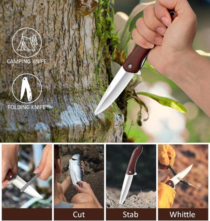 Benkey Folding Pocket Knife, Sharp and Solid D2 Blade Wood Handle, Flipper Camping Folding Knife with Liner Lock Good for EDC Outdoor Survival Camping Collection - Image 7