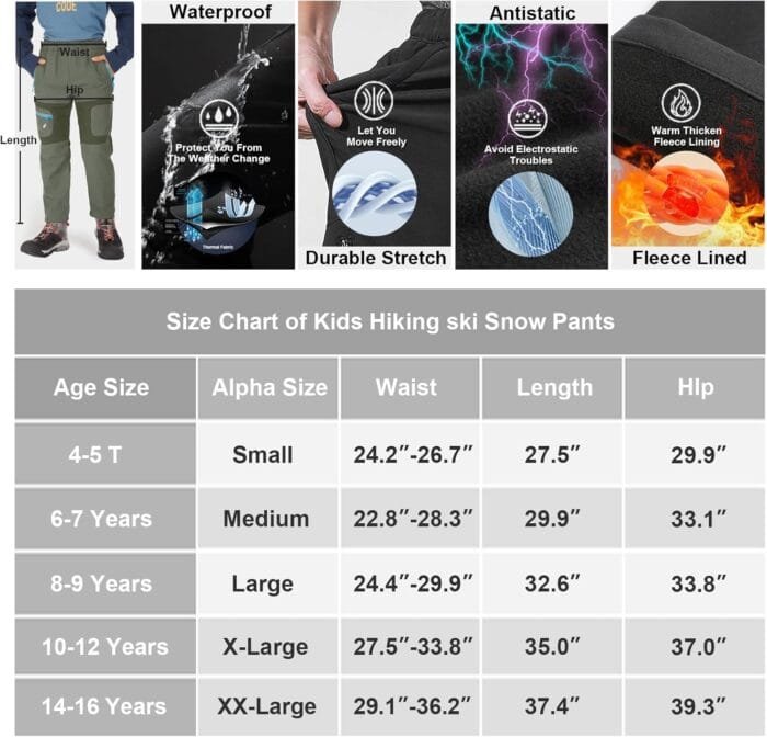 linlon Kids Boy's Snow Waterproof Pants Youth Fleece Lind Hiking Softshell Warm Insulated Ski Trousers - Image 7