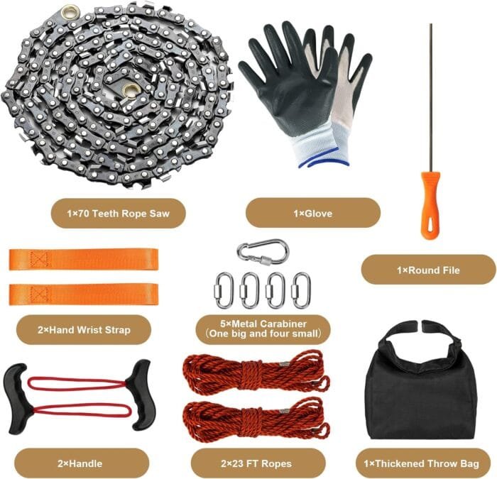 Rope Saw for Tree Limbs, 55 Inch Rope Chain Saw with 70 Sharp Teeth ＆ 46 Feet Ropes Kit, Rope Saw Tree Saw High Limb Rope Chainsaw, Pocket Chainsaw - Image 5