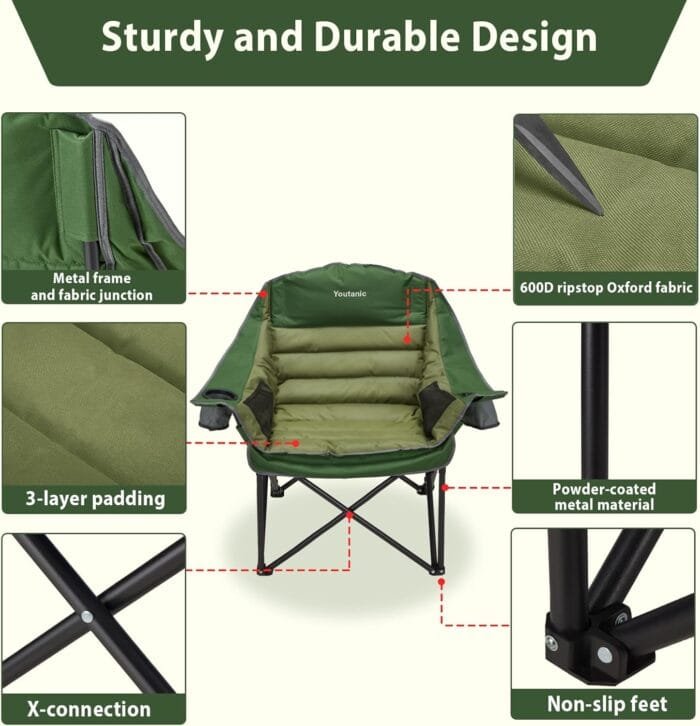 Oversized Camping Chair, Portable Folding Camping Chairs with Side Pocket, Cup Holder and Carry Bag, Heavy Duty Outdoor Camping Chairs for Adults, Fishing, Sports, Trip, up to 400lbs, Style 2 - Image 4