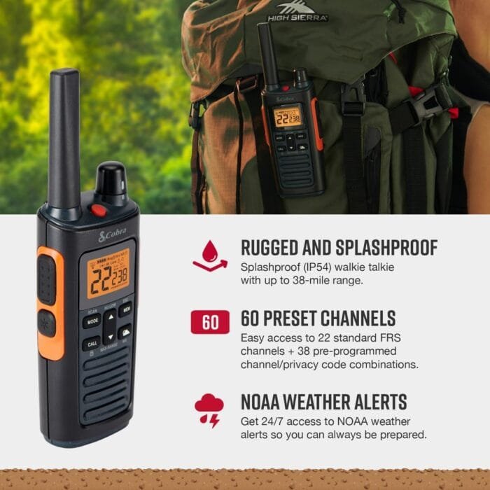 Cobra RX680 Waterproof Walkie Talkies - Rechargeable, 60 Preset Channels, Long Range 38-Mile Two-Way Radio Set (2-Pack),Black and Orange - Image 3