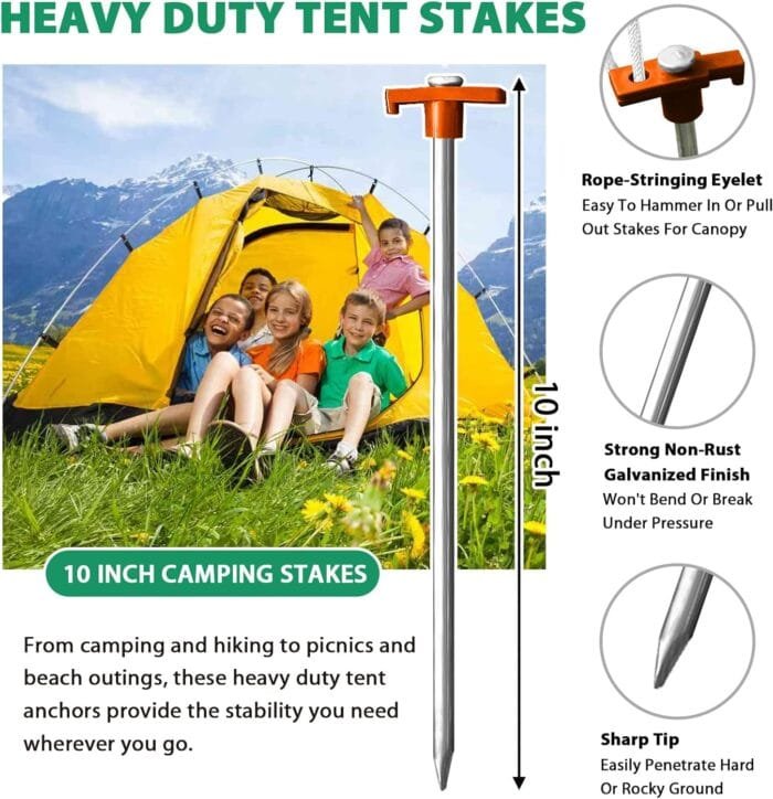 Eurmax USA Galvanized Non-Rust Camping Family Tent Pop Up Tent Stakes Canopy Anchors Heavy Duty 10pc-Pack, with 4x10ft Ropes & 1 Orange Stopper - Image 3