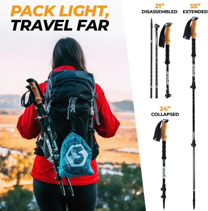 Foxelli Carbon Fiber Trekking Poles – Lightweight Collapsible & Shock-Absorbent Hiking Poles w/Cork Grips, Lever Locks & All Terrain Accessories - Image 3