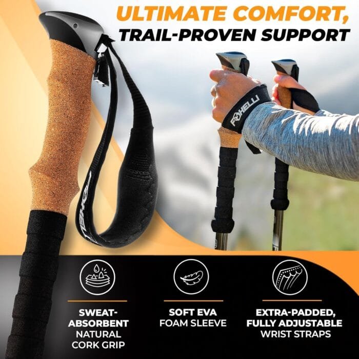 Foxelli Carbon Fiber Trekking Poles – Lightweight Collapsible & Shock-Absorbent Hiking Poles w/Cork Grips, Lever Locks & All Terrain Accessories - Image 4