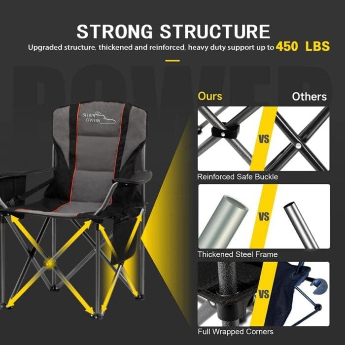 FAIR WIND Oversized Fully Padded Camping Chair with Lumbar Support, Heavy Duty Quad Fold Chair with Cooler Bag, Support 450 LBS, Black - Image 4