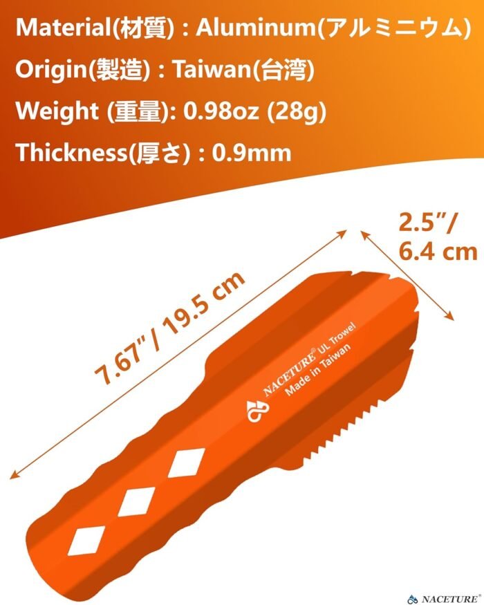 NACETURE Ultralight Backpacking Trowel Aluminum Shovel Small Potty Multitool with Longer Handle Design Essential for Hiking, Camping and Survival Bags (Orange) - Image 3