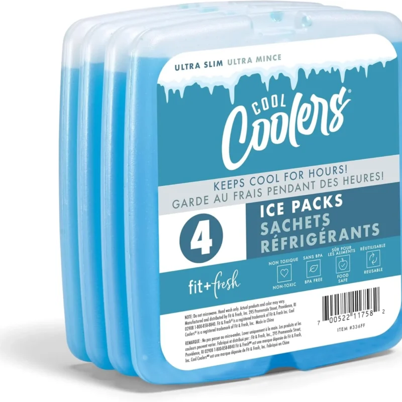 Cool Coolers By Fit & Fresh 4 Pack Slim Ice Packs, Quick Freeze Space Saving Reusable Ice Packs for Lunch Boxes or Coolers, Blue