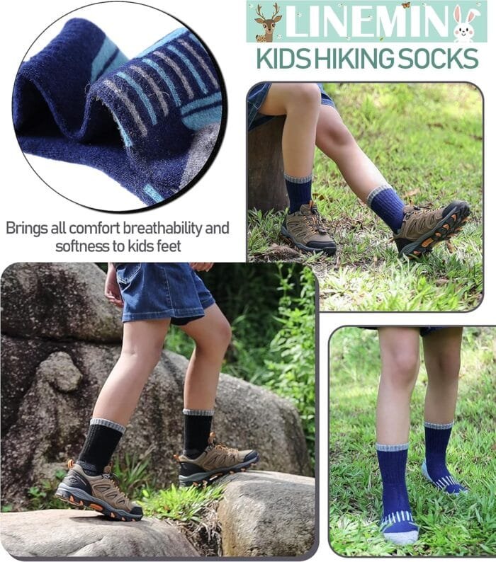 LINEMIN Kids Merino Wool Hiking Socks Toddlers Boys Girls Winter Warm Thick Thermal Boot Cushion Crew Socks 6 Pairs - Image 3