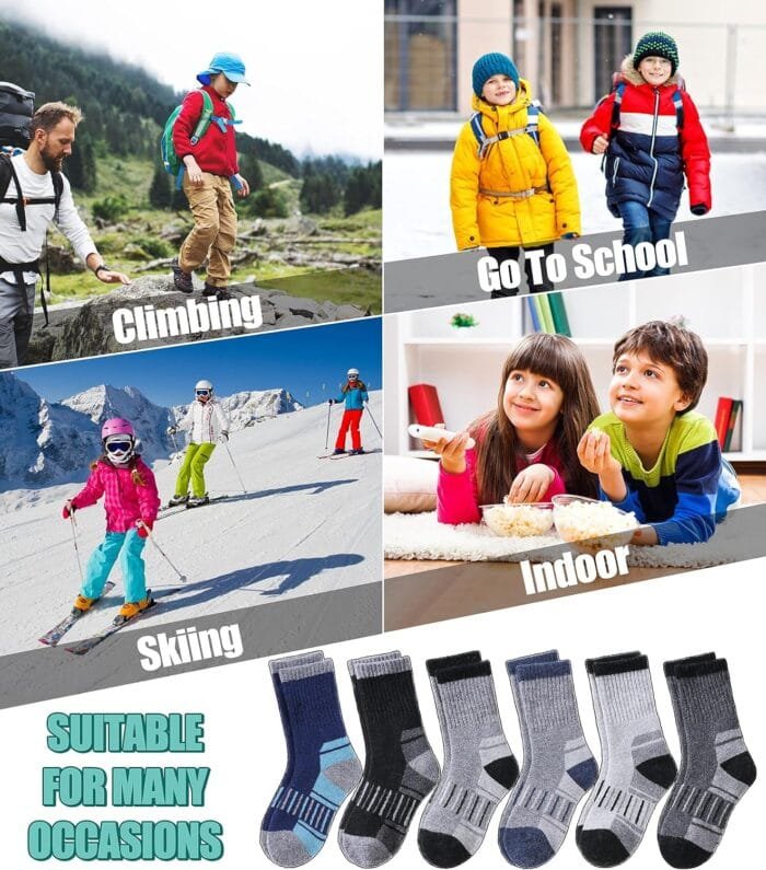 LINEMIN Kids Merino Wool Hiking Socks Toddlers Boys Girls Winter Warm Thick Thermal Boot Cushion Crew Socks 6 Pairs - Image 6