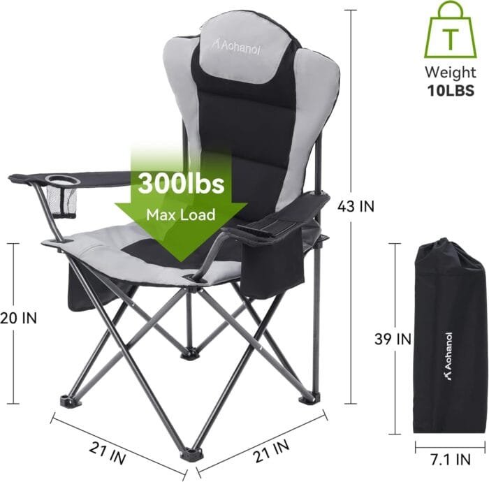 2 Pack Camp Chairs for Heavy People, Outdoor Folding Camping Chairs with Cup Holder & Cooler Bag for Outside Supports up to 300lbs (2 Pcs, Black) - Image 3