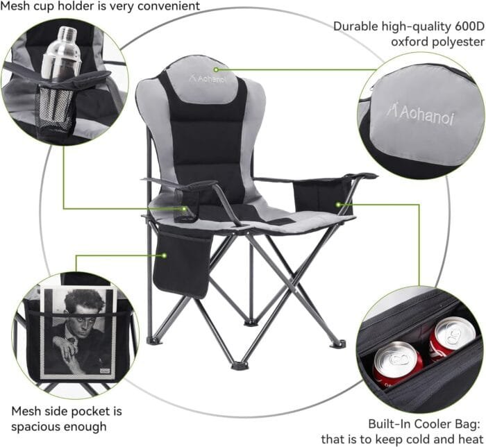 2 Pack Camp Chairs for Heavy People, Outdoor Folding Camping Chairs with Cup Holder & Cooler Bag for Outside Supports up to 300lbs (2 Pcs, Black) - Image 4