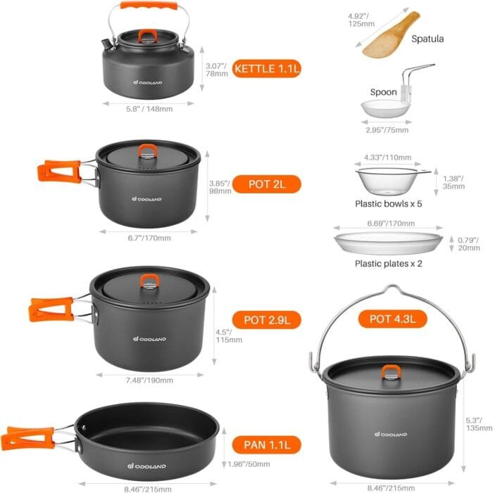 Odoland 18pcs Camping Cookware Large Size Hanging Pot Pan Kettle Set with Plastic Plates Bowls Soup Spoon for Camping, Backpacking, Outdoor Cooking and Picnic - Image 3