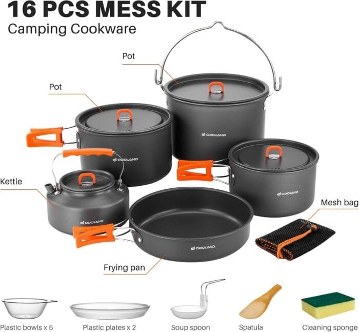 Odoland 18pcs Camping Cookware Large Size Hanging Pot Pan Kettle Set with Plastic Plates Bowls Soup Spoon for Camping, Backpacking, Outdoor Cooking and Picnic - Image 4