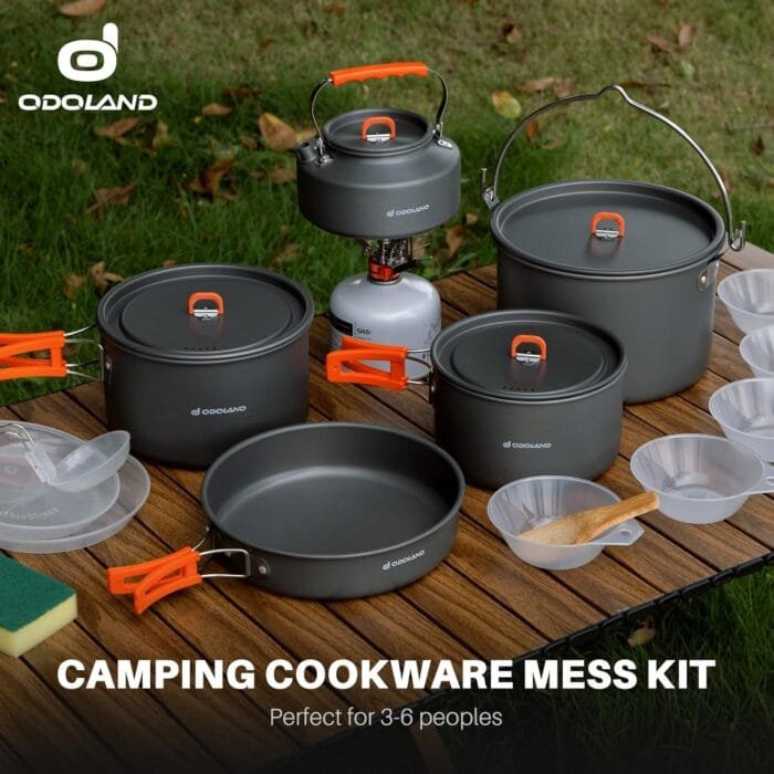 Odoland 18pcs Camping Cookware Large Size Hanging Pot Pan Kettle Set with Plastic Plates Bowls Soup Spoon for Camping, Backpacking, Outdoor Cooking and Picnic - Image 6