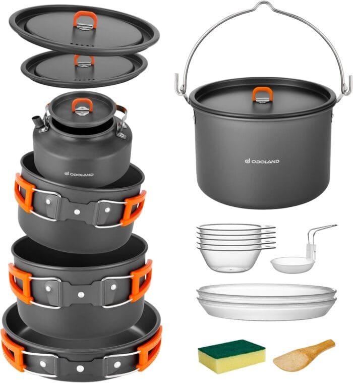 Odoland 18pcs Camping Cookware Large Size Hanging Pot Pan Kettle Set with Plastic Plates Bowls Soup Spoon for Camping, Backpacking, Outdoor Cooking and Picnic - Image 7