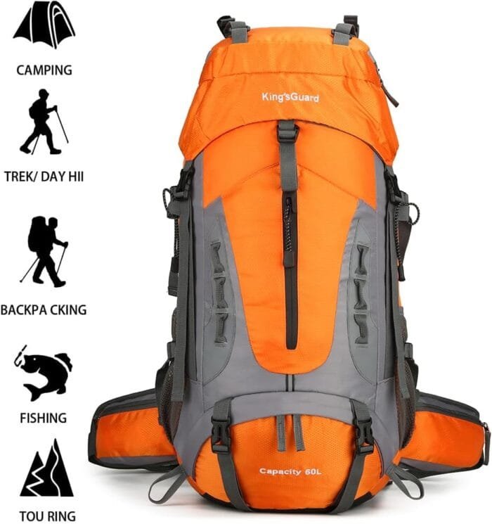 King'sGuard 60L Hiking Backpack Men Women Camping Backpack Waterproof Backpacking Mountaineering Climbing Daypack with Rain Cover (Orange) - Image 3