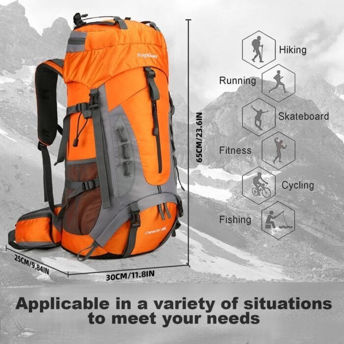 King'sGuard 60L Hiking Backpack Men Women Camping Backpack Waterproof Backpacking Mountaineering Climbing Daypack with Rain Cover (Orange) - Image 4