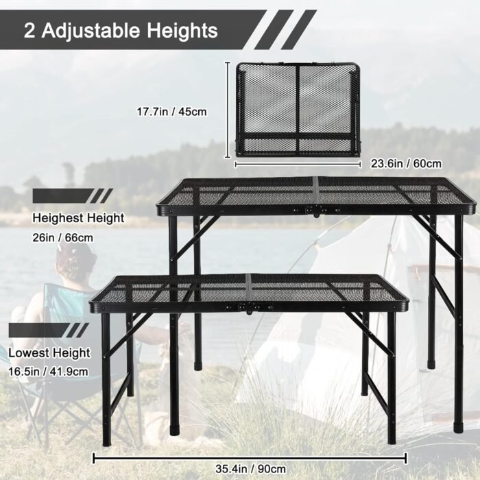 Folding Grill Table Camping Table with Mesh Desktop, Lightweight 3 FT Metal Table for Outside, Height Adjustable Portable Grill Table for Camping, Picnic, Beach and BBQ, RV - Image 4