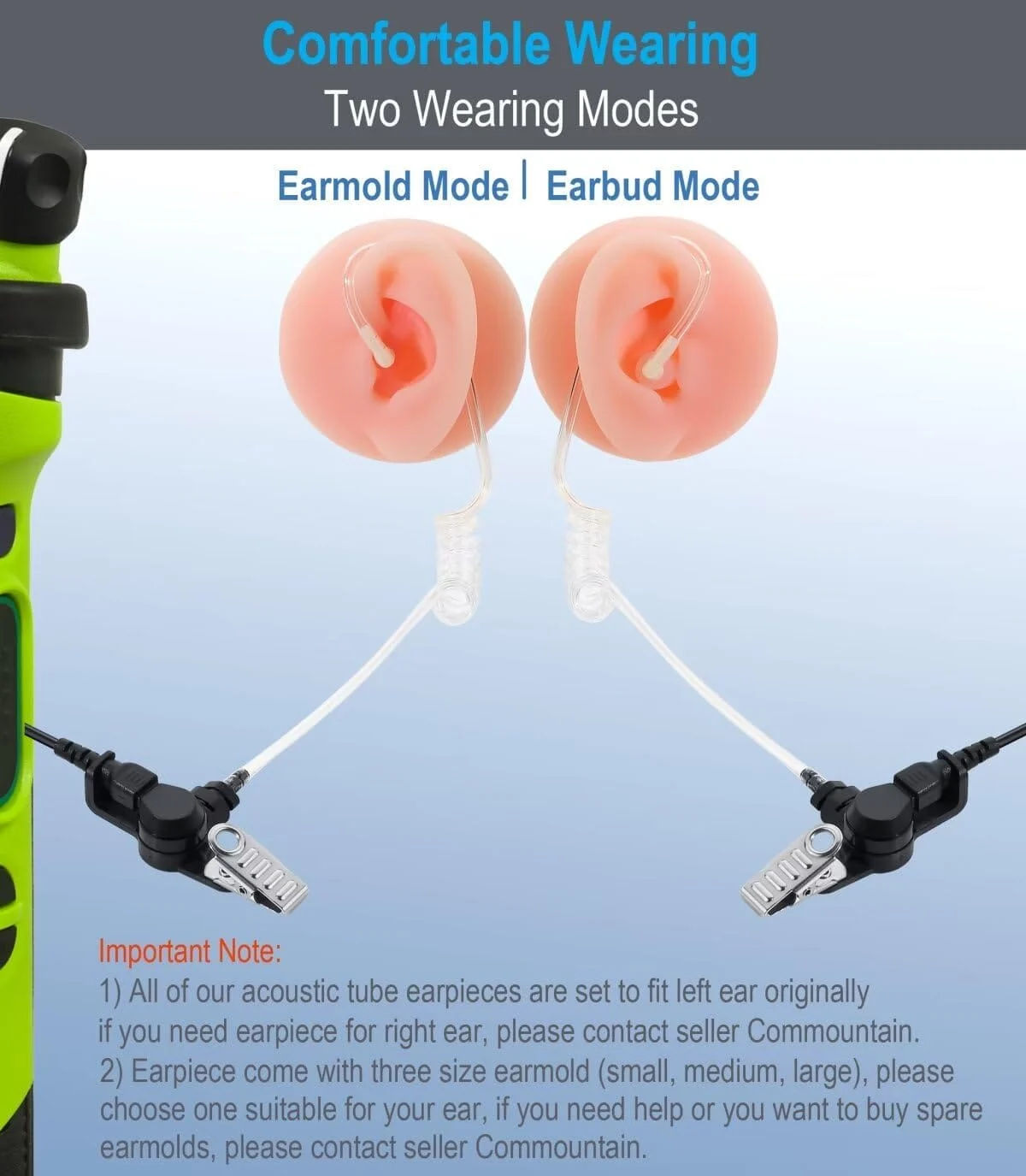 commountain 3.5mm Listen Only Earpiece for Speaker Mic of Motorola Kenwood Baofeng etc, Acoustic Tube Receive Only Headset with 3 Earmolds, for Police Security and Law Enforcement Use - Image 3