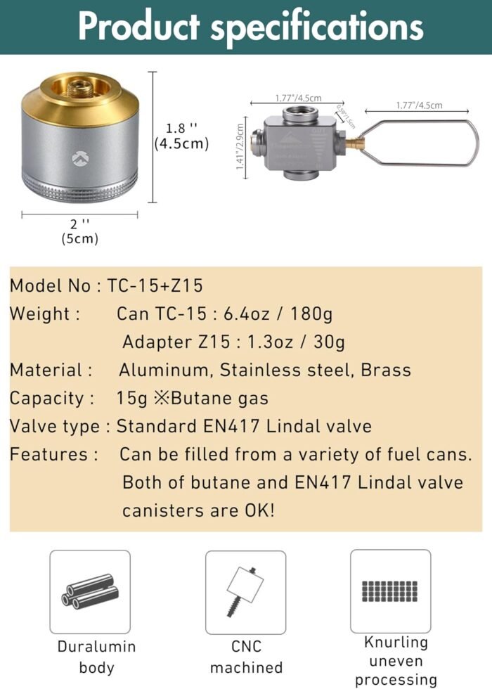 Replacement Empty Refillable Gas Fuel Cylinder EN417 Lindal Valve 15g Mini Tank with Refill Adapter for Camping Stove TC-15/Z15 - Image 5