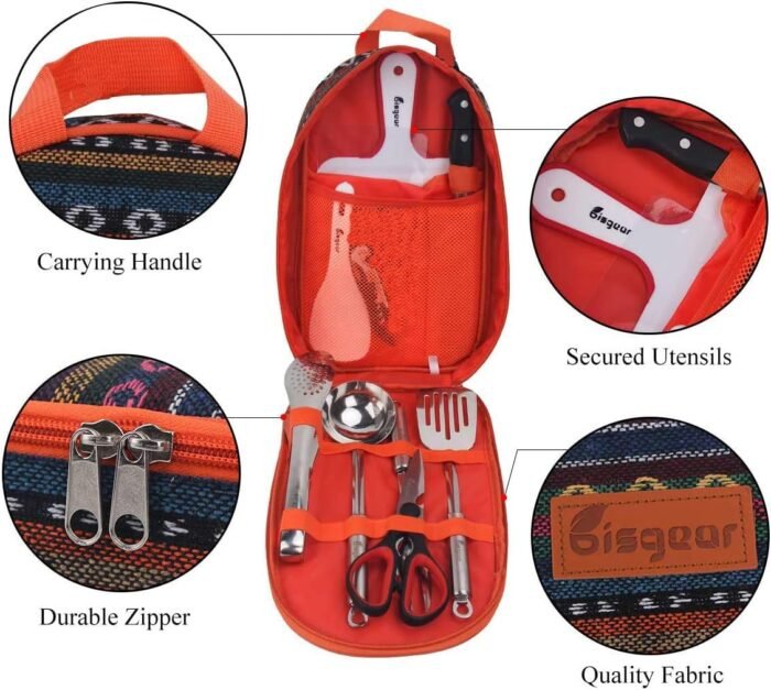 Bisgear Backpacking Camping Cookware Camp Kitchen Utensil BBQ Organizer Travel Mess Kit with Water Resistant Case, Cutting Board, Rice Paddle, Tongs, Scissors, Knife, Spork - Image 3