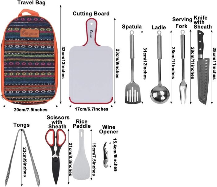 Bisgear Backpacking Camping Cookware Camp Kitchen Utensil BBQ Organizer Travel Mess Kit with Water Resistant Case, Cutting Board, Rice Paddle, Tongs, Scissors, Knife, Spork - Image 4