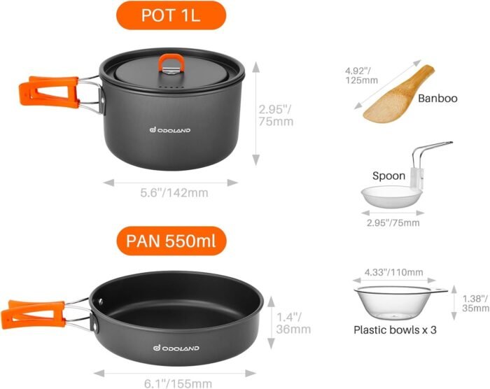 Odoland 9pcs Camping Cookware Non-Stick Lightweight Camping Pots and Pans Set with Plastic Bowls Soup Spoon for Camping, Backpacking, Outdoor Cooking and Picnic - Image 4