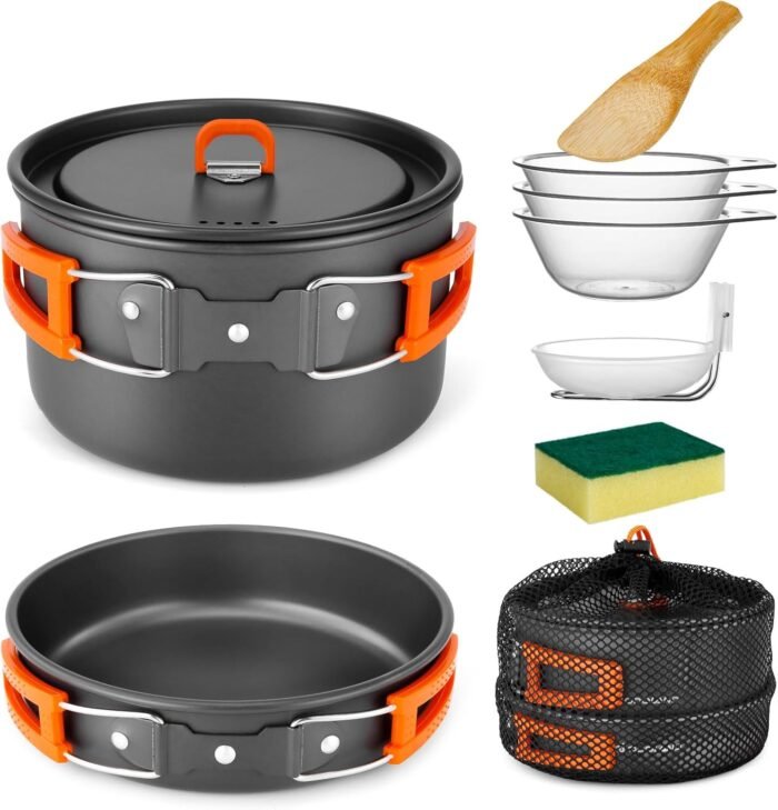 Odoland 9pcs Camping Cookware Non-Stick Lightweight Camping Pots and Pans Set with Plastic Bowls Soup Spoon for Camping, Backpacking, Outdoor Cooking and Picnic - Image 7