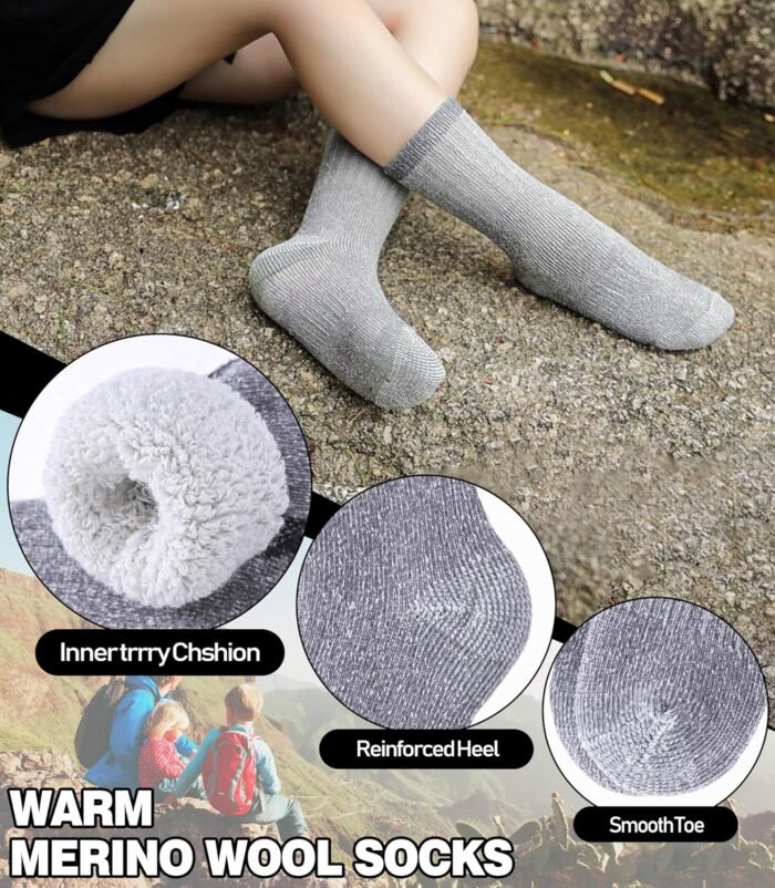 LINEMIN Kids Merino Wool Hiking Socks Boys Girls Winter Warm Thick Thermal Boot Thick Cushion Snowboarding Socks 3 Pairs - Image 3