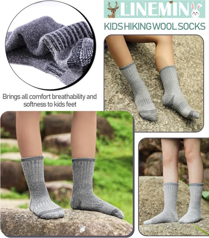 LINEMIN Kids Merino Wool Hiking Socks Boys Girls Winter Warm Thick Thermal Boot Thick Cushion Snowboarding Socks 3 Pairs - Image 4