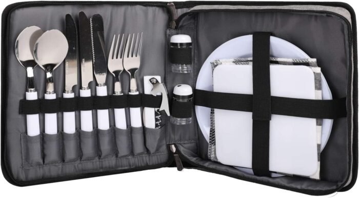 BRONZY TAIBID Picnic Set Camping Cutlery Organizer 2 Person Dinnerware Set - 16pcs Mess Kit,Portable Eating Set with Plates,Spoons,Knives,Wine Opener,Forks,Napkins (Black) (2 Person, Black) - Image 3