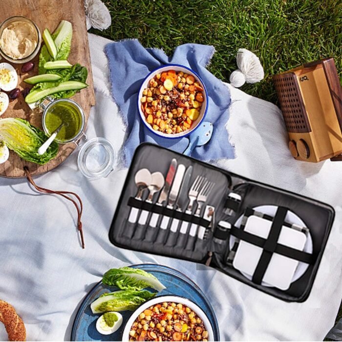 BRONZY TAIBID Picnic Set Camping Cutlery Organizer 2 Person Dinnerware Set - 16pcs Mess Kit,Portable Eating Set with Plates,Spoons,Knives,Wine Opener,Forks,Napkins (Black) (2 Person, Black) - Image 7