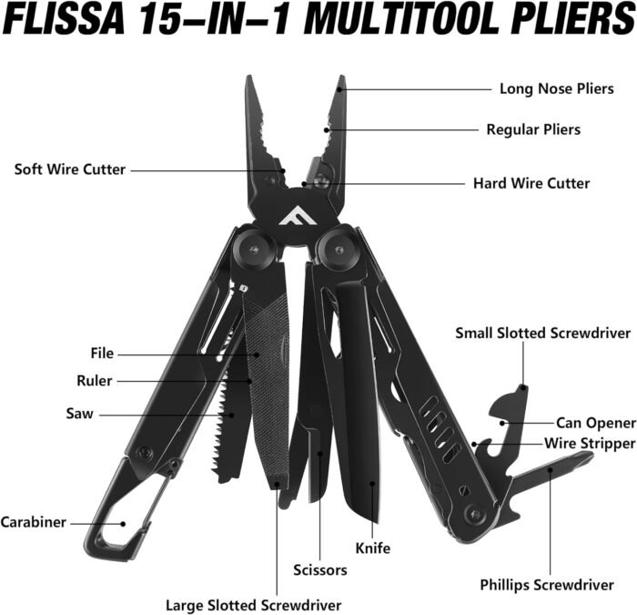 FLISSA 15-in-1 Multi-tool Pliers with Sheath, Portable Pocket Knife with Safety Locking System, Belt Clip and Sheath for Outdoors, Survival, Camping, Fishing, Hunting - Image 3