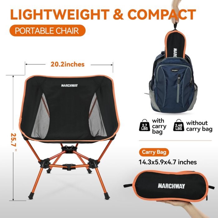 MARCHWAY Lightweight Folding Camping Chair, Stable Portable Compact for Outdoor Camp, Travel, Beach, Picnic, Festival, Hiking, Backpacking, Supports 330Lbs (Orange) - Image 3