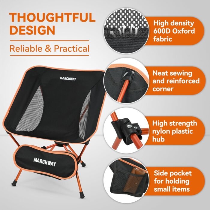 MARCHWAY Lightweight Folding Camping Chair, Stable Portable Compact for Outdoor Camp, Travel, Beach, Picnic, Festival, Hiking, Backpacking, Supports 330Lbs (Orange) - Image 5