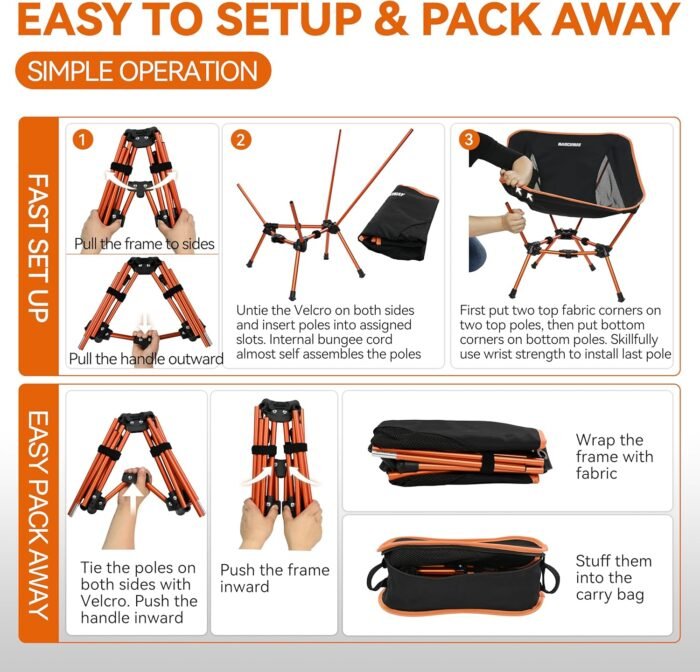 MARCHWAY Lightweight Folding Camping Chair, Stable Portable Compact for Outdoor Camp, Travel, Beach, Picnic, Festival, Hiking, Backpacking, Supports 330Lbs (Orange) - Image 6