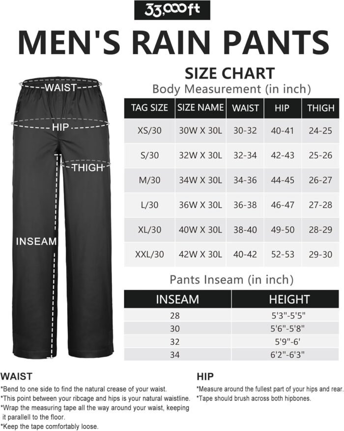 33,000ft Men's Rain Pants, Waterproof Rain Over Pants, Windproof Outdoor Pants for Hiking, Fishing - Image 6